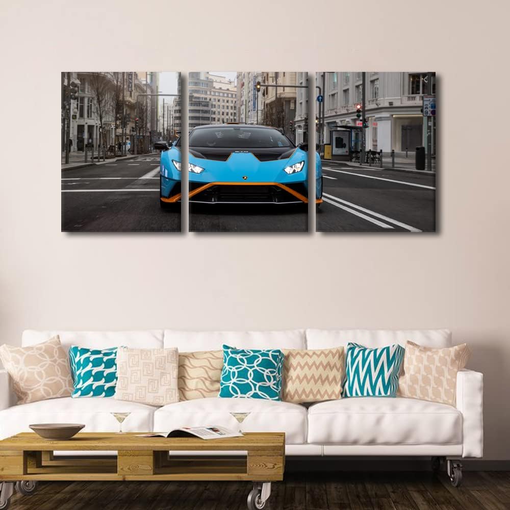 TUMOVO Canvas Wall Art for Bedroom Blue Sports Car Wall Paintings for Living Room Speedy Racing Car Office Modern Wall Art Super Car Pictures Print On Canvas Giclee Framed Ready to Hang, 36" Wx16 H