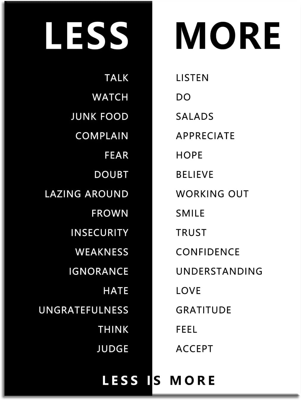 WYJZDZQ8 Inspirational Less is More Poster Motivational Print Wall Art for Office Black and White Inspiring Picture Painting Modern Artwork for Home Bedroom Living Room Decor Frame[30''W X 40''H]