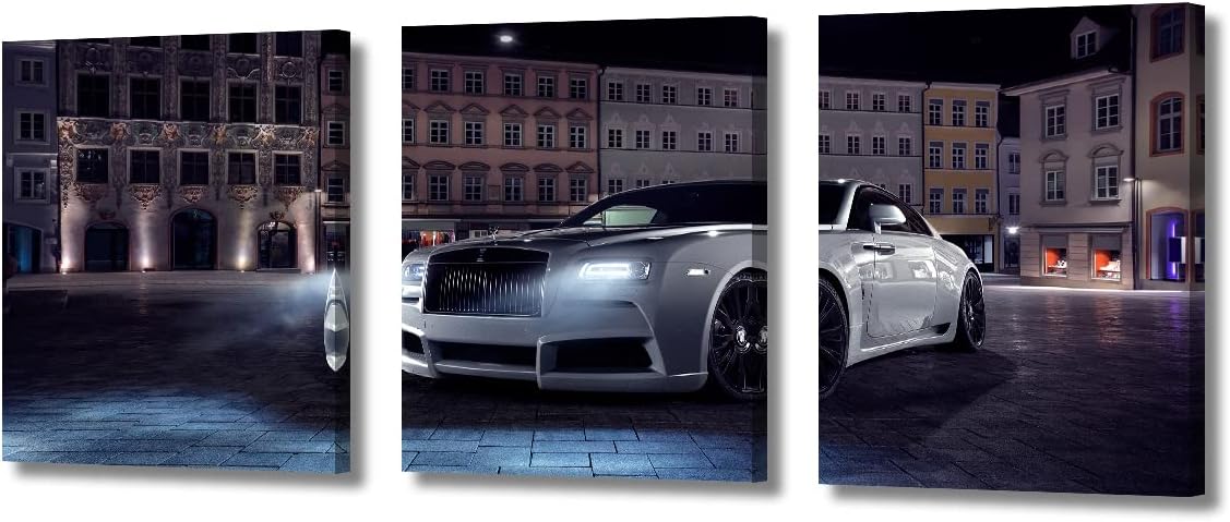 White Car Poster Pictures for Living Room Famous Sports Car Canvas Wall Art House Decor Super Car in the Square Modern Office Wall Decor Framed Large Wall Art for Home Men Boys Bedroom, 36" Wx16 H