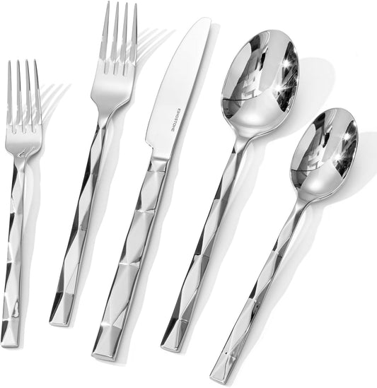 KINGSTONE Silverware Set, Luxury 40 Piece Flatware Set for 8, 18/10 Stainless Steel Cutlery Set with Diamond Cut Pattern for Kitchen, Home, Wedding, Party, Mirror Polished and Dishwasher Safe