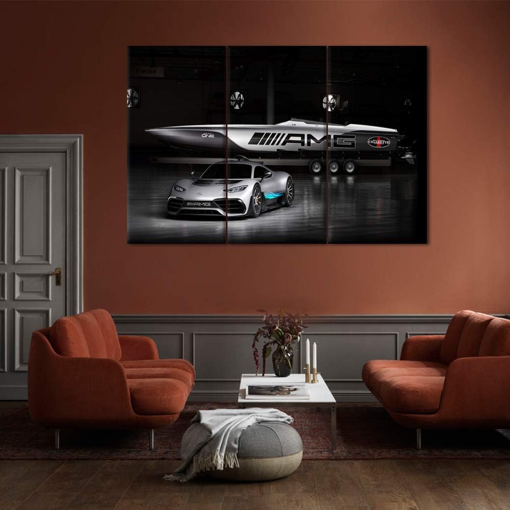 TUMOVO 3 Pieces Car Pictures Wall Art Framed Sports Car in Cool Gray Style Poster Canvas Print Vintage Western Decor for Home Office Living Room Man Bedroom - 40 x 20inch x 3 Panels