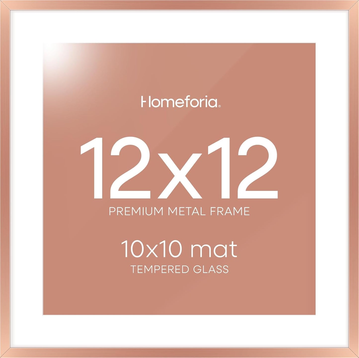 Homeforia 12x12 Picture Frame Rose Gold, High End Metal 12 x 12 Square Poster Frame with Mat 10 x 10 Photo, 12x12 Frame Matted to 10x10 Print, 12by12 Hanging Frames, Tempered Glass, Wall Kit, Set of 1