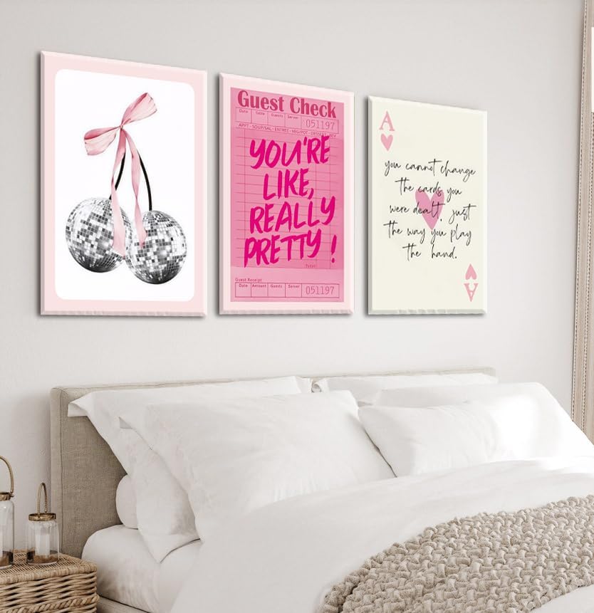 Pink Preppy Wall Art Framed Set of 3 Trendy Coquette Disco Cherry Posters Retro Guest Check Canvas Prints Poker Painting Positive Quote Pictures Room Decor Aesthetic for Girls Bedroom Dorm 16x24in