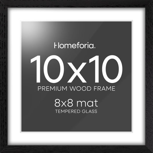 Homeforia 10x10 Picture Frame Black Wood, High-End Oak 10 x 10 Square Frames with Mat 8 by 8 Photo, 10by10 Wooden Frame Matted to 8x8 Print, Wall or Tabletop Frames, Tempered Glass, Wall Kit, Set of 1