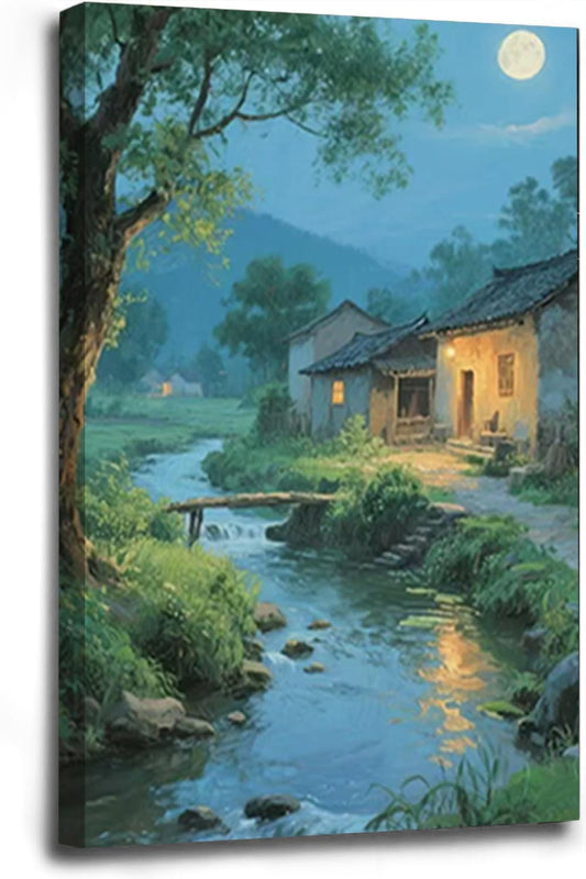 Moonlight under the big tree creek cabin scenery is suitable for posting in the living room bedroom office scenery poster wall painting