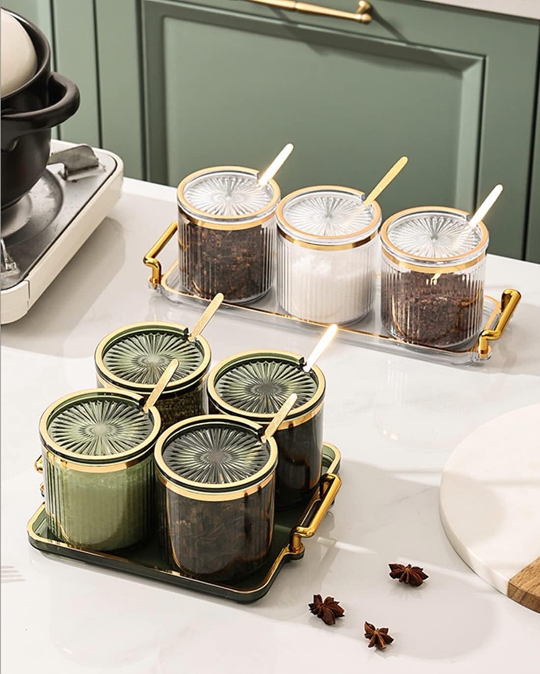 Acrylic Condiment Spice Jars,Condiment Spice Box With Lids and Spoons and Tray,Clear Plastic Condiment Canisters,Seasoning Box 6 Pack,Seasoning Box Set for Kitchen to Storage Salt,Paprika,Sugar