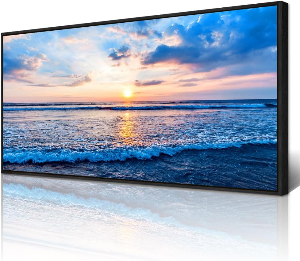 Wapluam Bedroom Decor: Blue Beach Sea Waves Landscape Canvas Print, Large Wall Art, Ready To Hang, Black Framed