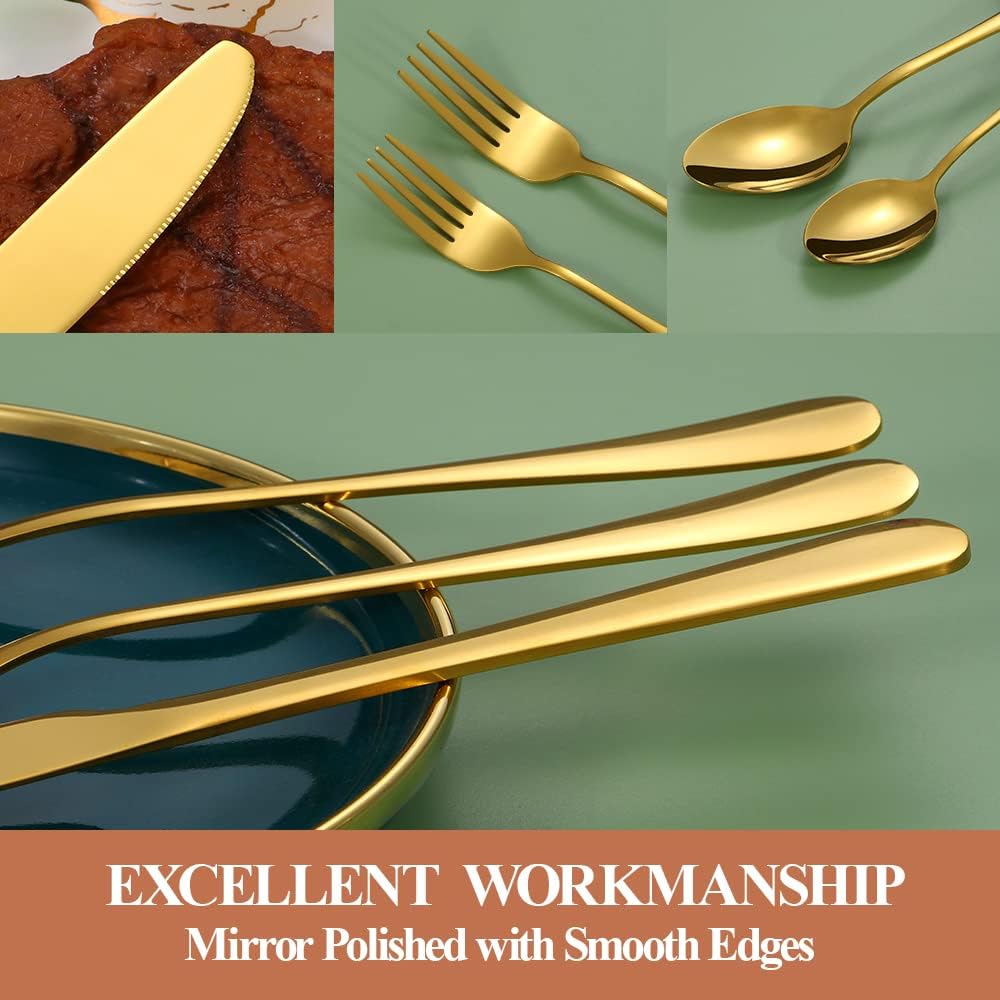 Lazycorner 50 Pcs Gold Silverware Set for 10, Food Grade Stainless Steel Flatware Set Include Fork/Knife/Spoon, Mirror Polished Eating Utensils Sets, Reusable Silverwear Cutlery Set, Dishwasher Safe