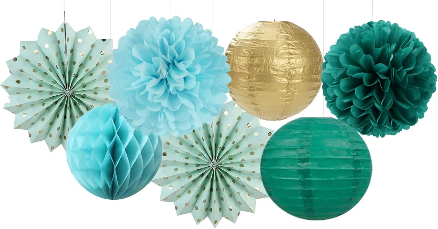 Sage-Green Teal-Blue Party-Decorations Streamers Lanterns - 14pcs Rustic Wedding Baby Shower Paper Lanterns Fan,Tissue Pom Poms,Honeycomb Balls,Birthday Bachelorette Engagement Bridal Decor Ouruola