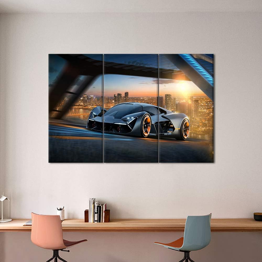 Wall Art for Living Room Black Sports Car Paintings Fantasy Scenery Pictures Contemporary Artwork Printed on Canvas Home Decor Giclee Framed Stretched Ready to Hang Gift - 40 x 20inch x 3 panels