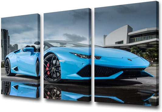 TUMOVO 3 Piece Canvas Wall Art - Panoramic View of LP 610 4 Blue Supercar - Modern Home Decor Stretched and Framed Ready to Hang - 12 x 24 inch x 3 Pieces