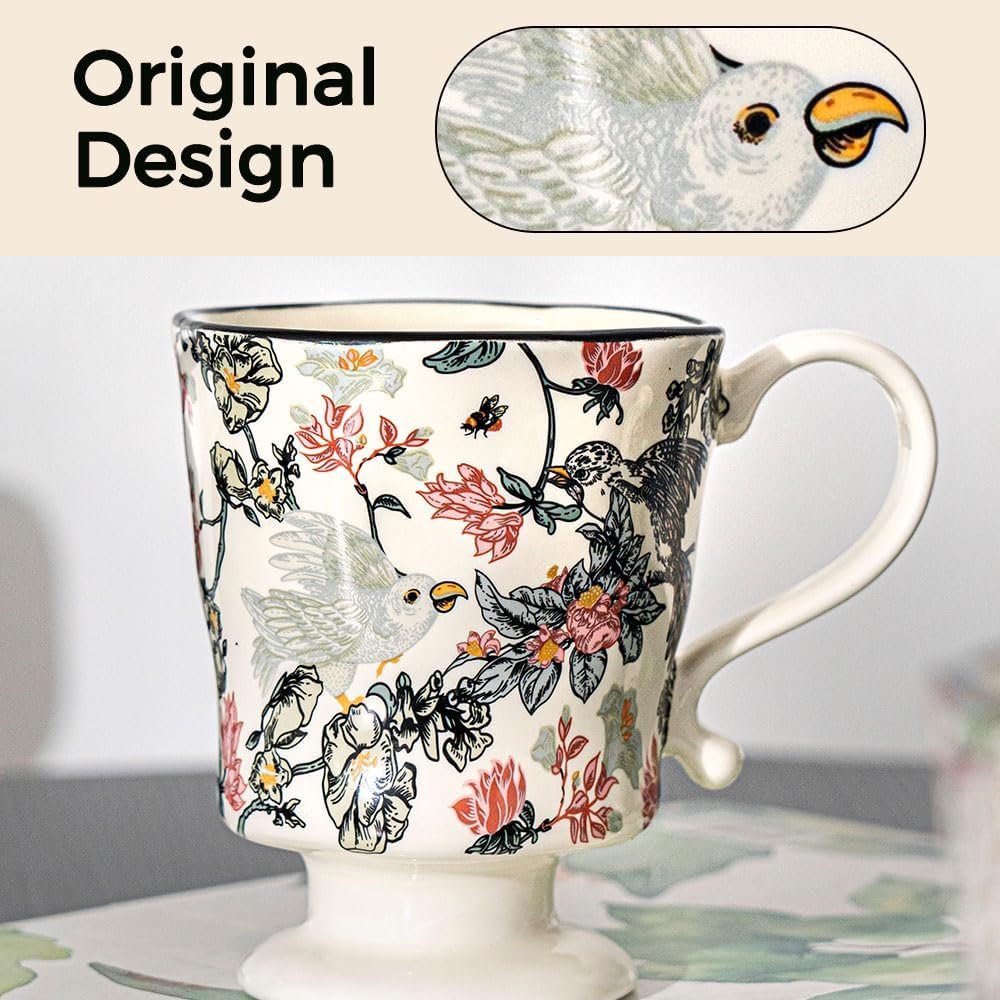 360ml -12.17oz Painted Floral & Bird Ceramic Mug - Cute Coffee Cup for Latte, Espresso - Gift for Women, Dishwasher Safe