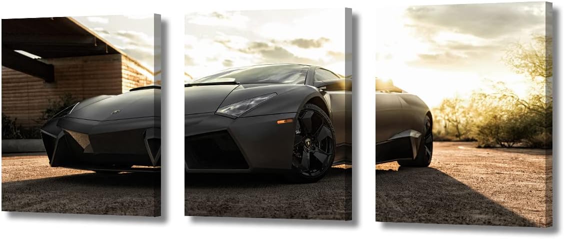 TUMOVO Wall Art for Living Room Gray Sports Car at Sunset Office Wall Decor Canvas Prints 3 Pieces Hypercar Supercar Modern Artwork for Men Boys Bedroom Bathroom Framed Ready to Hang, 36" Wx16 H