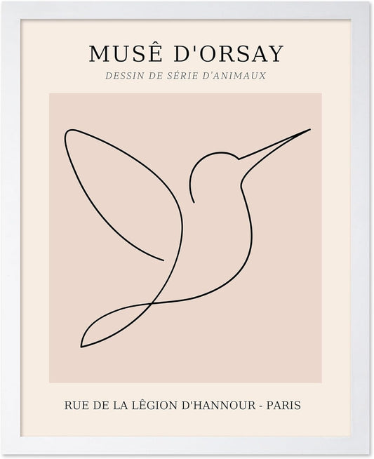 Poster Master Vintage Poster - Retro One Line Hummingbird Drawing Print - Bird Line Art - Minimal Gift for Him, Her, Animal Lover - Abstract Decor for Home, Office, 8x10 White Framed
