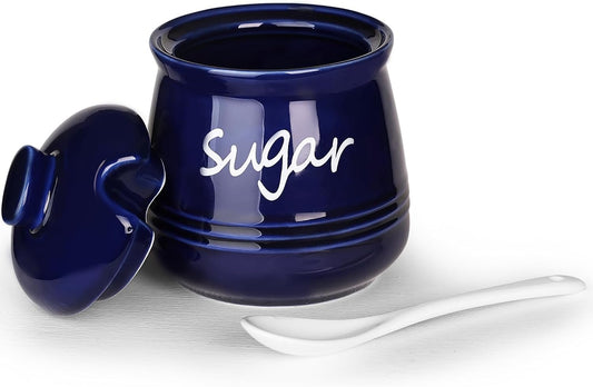 HAOTOP 12oz Sugar Bowl with Lid and Spoon,Ceramic Sugar Jar Sugar Dispenser Sugar Container Coffee Bar Accessories, Kitchen Countertop Canisters, Navy