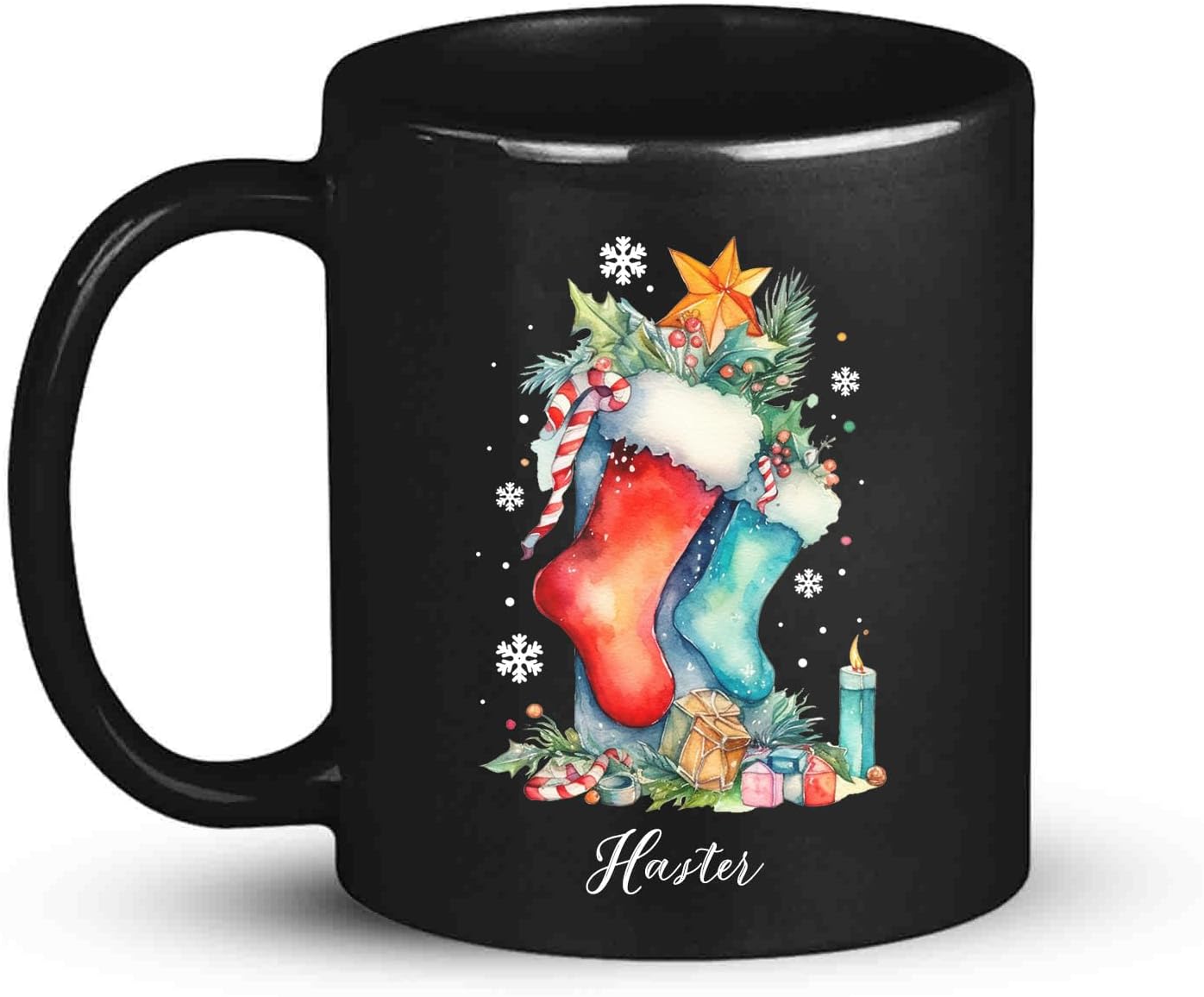 Custom Funny Christmas Cup, Christmas Sock With Gifts And Candle Design Mug, Customized Name Christmas Black Cup 11oz 15oz, Personalized Coffee Mug For Christmas, Christmas Sock Detailed Cup
