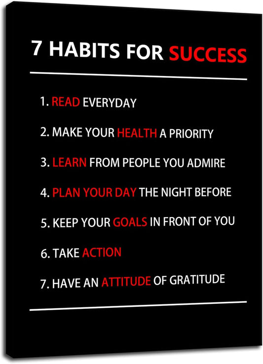 WYJZDZQ8 Motivational Poster 7 Habits For Success Inspirational Canvas Wall Art Painting Prints Artwork Pictures Inspiring Office Decor Living Room Gym Decoration Framed Ready to Hang [18''W X 24''H]