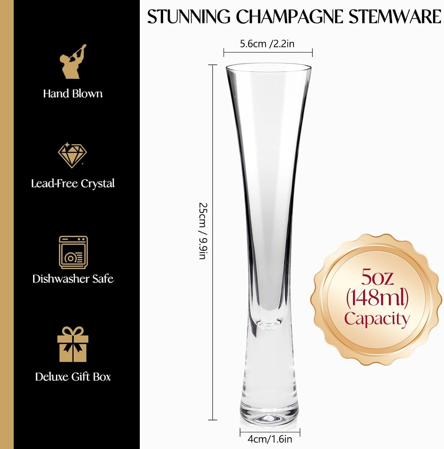 Champagne Flutes Set of 2, Hand Blown Crystal Champagne Glasses, Modern Unique Design, Lead-Free Prosecco Flutes, Elegant Toasting Glasses Gift for Wedding, Anniversary, Birthday, Christmas