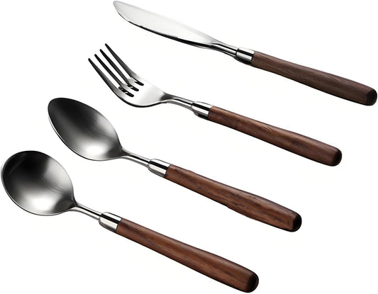 Silverware Set 16 Piece Flatware Cutlery Set Service for 4,18/10 Stainless Steel Forged Walnut Wooden Handle Matte Brushed Dishwasher Safe Premium Durable Utensil Sets for Home Kitchen Wedding