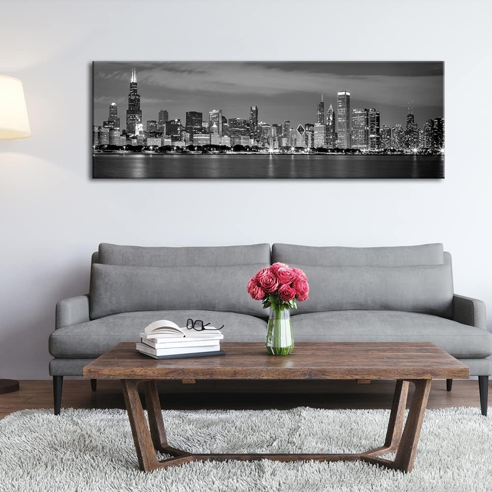 Wieco Art Chicago City Center Skyline in Black and White Canvas Prints Modern Canvas Art Cityscape Wall Decorations for Living Room Pictures for Bedroom Decorations