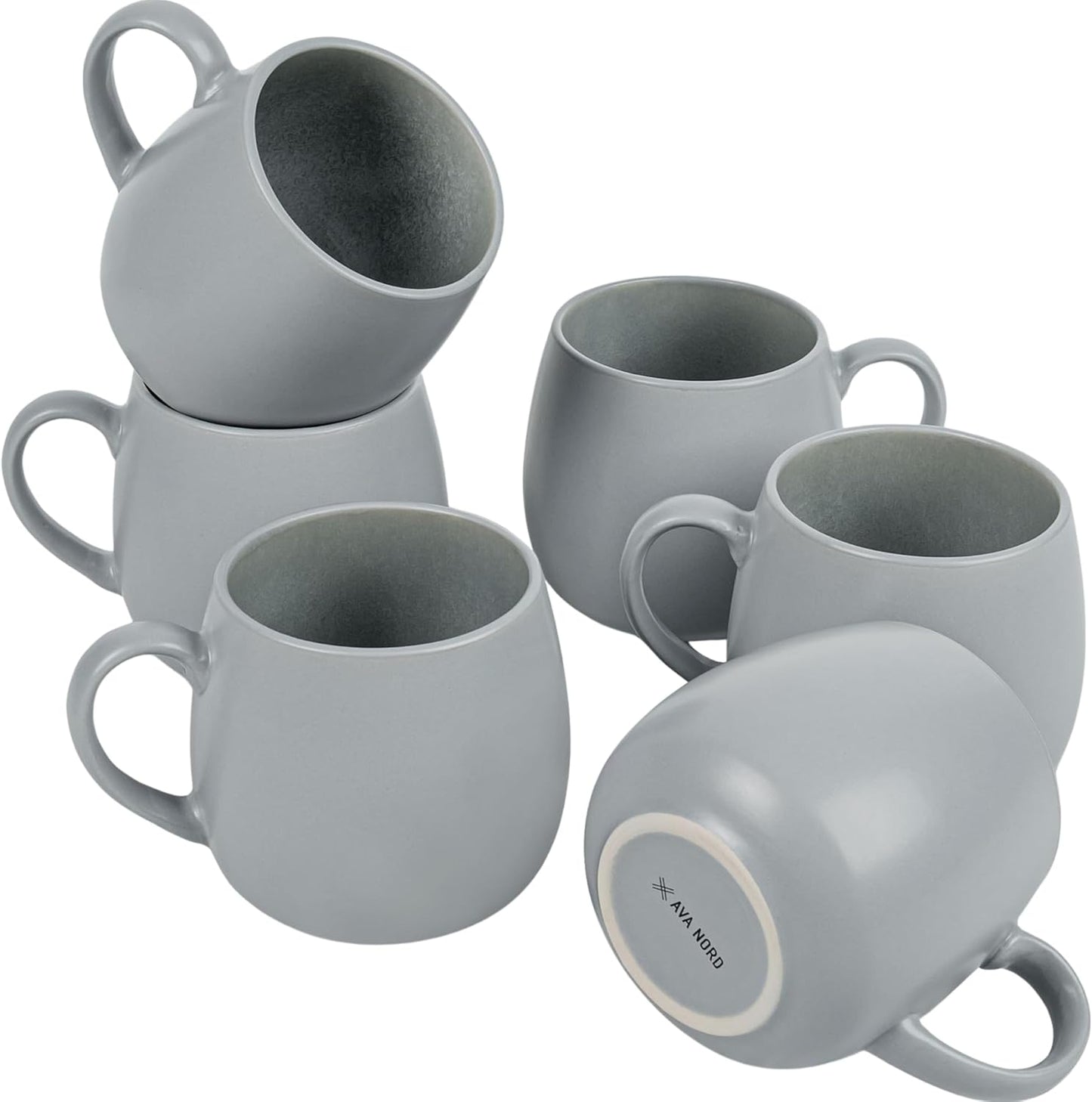 Ceramic Coffee Mugs Set of 6, 14oz - Modern Scandinavian Aesthetic - Microwavable Stoneware Coffee Cups with Comfortable Handle - Tea Mug Set for Latte, Cappuccino, Soup - Pale Blue Mist