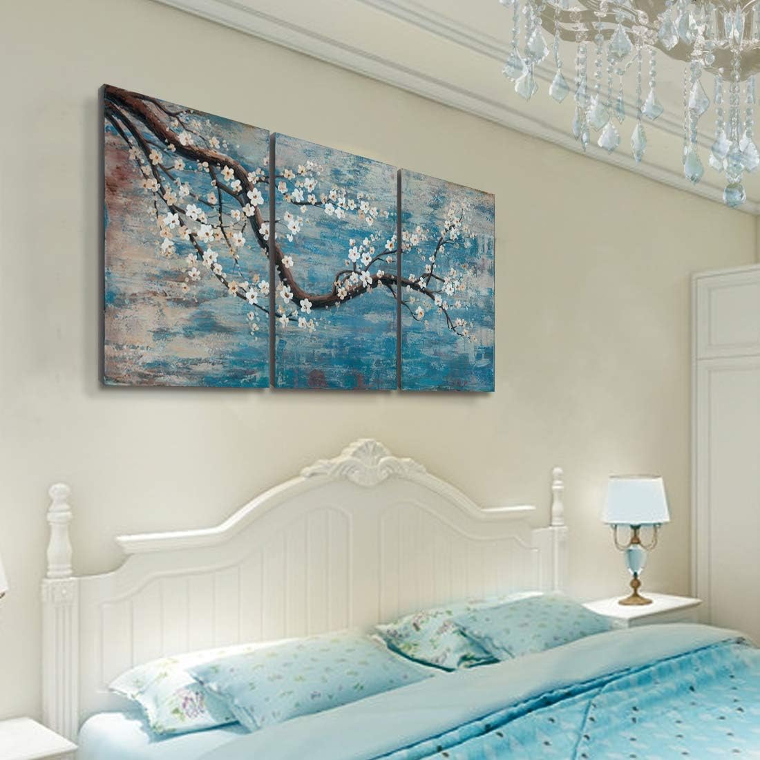 amatop Wall Art for Living Room 100% Hand-Painted Flower Oil Painting On Canvas Gallery Wrapped Large Framed Floral Plum Blossom Tree Teal Blue Artwork for Home Bedroom Decor 48"x24"