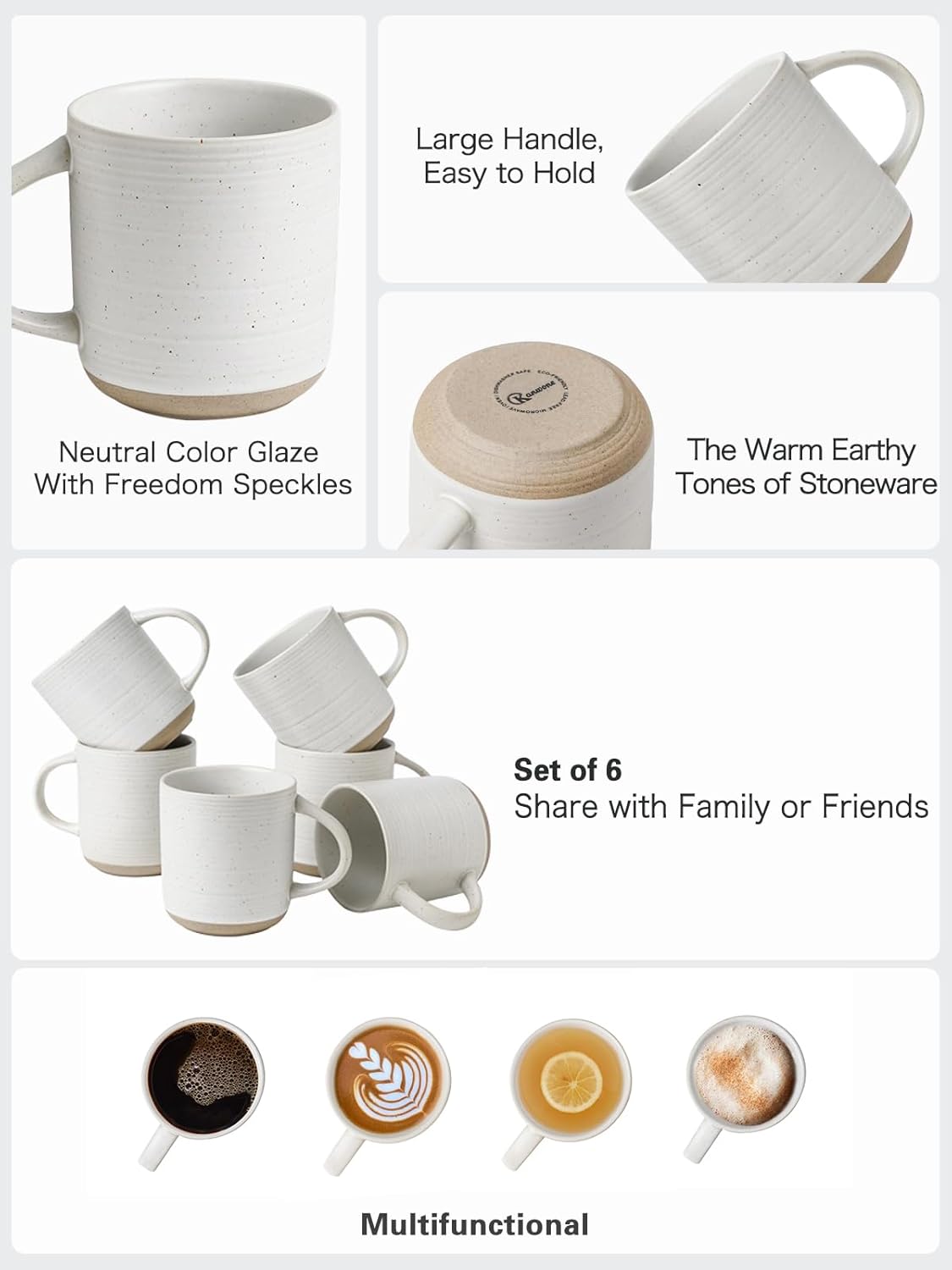 Kanwone Coffee Mugs 16oz, Stoneware Mugs Set, Ceramic Coffee Cups with Handle for Latte, Hot Tea, Cappuccino, Cocoa, Housewarming Wedding Gift, Microwave and Dishwasher Safe, Set of 6, Neutral White
