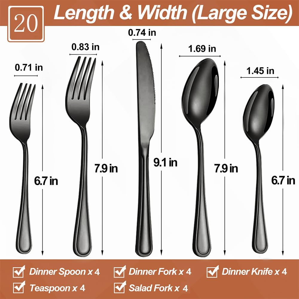 20 Pcs Black Silverware Set for 4 with Simple Striped Handle Design, Food Grade Stainless Steel Flatware Set, Eating Utensils Sets Include Fork/Knife/Spoon, Cutlery Set, Dishwasher Safe