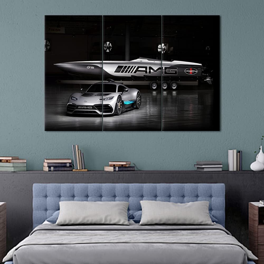 TUMOVO Sports Car Canvas Wall Art 3D Model Design On Black Background Picture Painting for Home Decoration Stretched Canvas and Ready to Hang - 28 x 14inch x 3 Panels