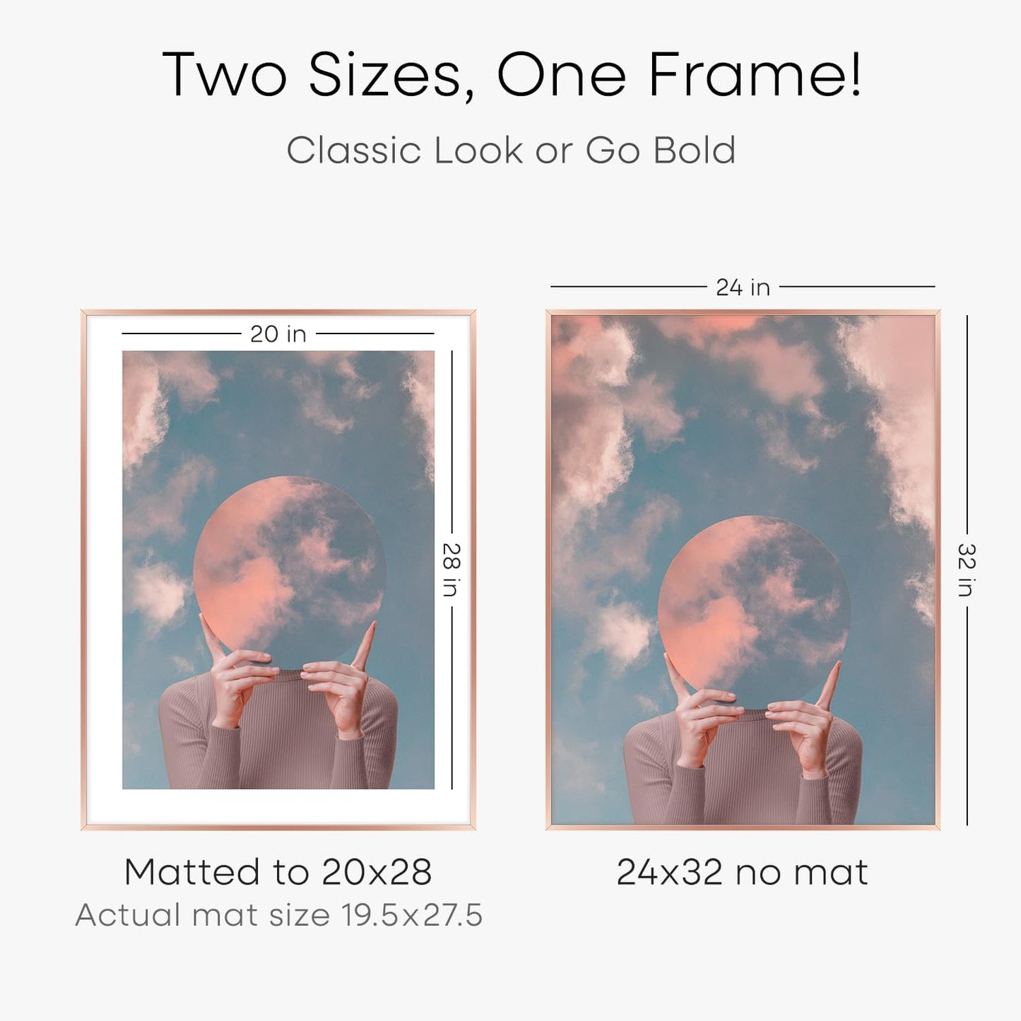 Homeforia 24x32 Rose Gold Picture Frame, High End Metal 24x32 Poster Frames with Mat 20x28 inch Photo, 24 x 32 Thin Frame Matted to 20 x 28 Print, 32x24 Large Frame, Tempered Glass, Wall Kit, Set of 1