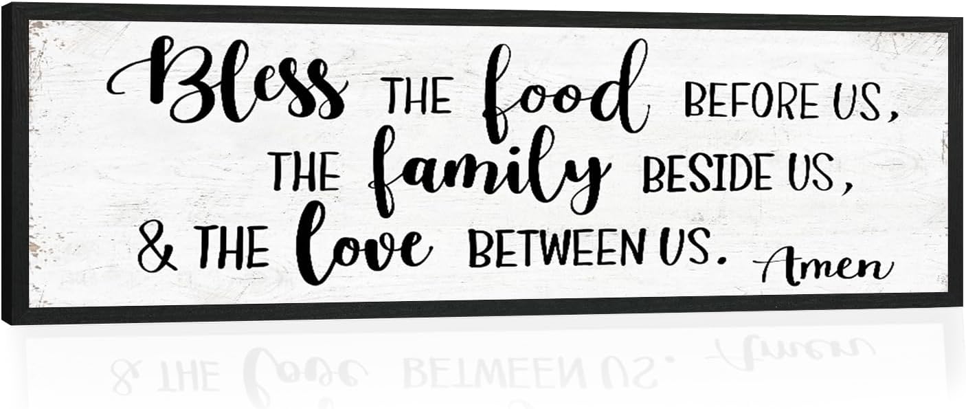 Bless the Food Before Us Wall Decor: Farmhouse Rustic Kitchen Signs Wall Decor Framed Hanging Wall Plaques 12" x 40",Inspirational Quotes The Family Beside Us Signs