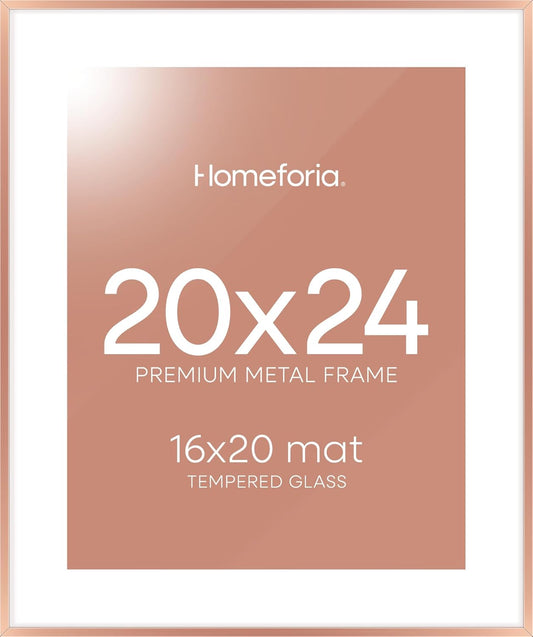 Homeforia 20x24 Frame Rose Gold, High End Metal 20x24 Poster Frames with Mat 16x20 inch Photo, 20 x 24 Rose Gold Picture Frame Matted to 16 by 20 Print, 24x20 Frame, Tempered Glass, Wall Kit, Set of 1