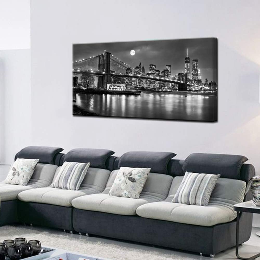 LevvArts - Black and White New York Picture Brooklyn Bridge Canvas Wall Art Full Moon Night Manhattan City Poster Canvas Print Framed Gallery Wrapped Modern Home Office Decoration