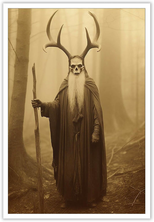 Skeleton Halloween Decor Occult Druid of the Forest Poster Canvas Wall Art Vintage Spooky Print Gothic Room Decor Dark Academia Decorations Bedroom Creepy Skull Picture 16X24inch Unframed