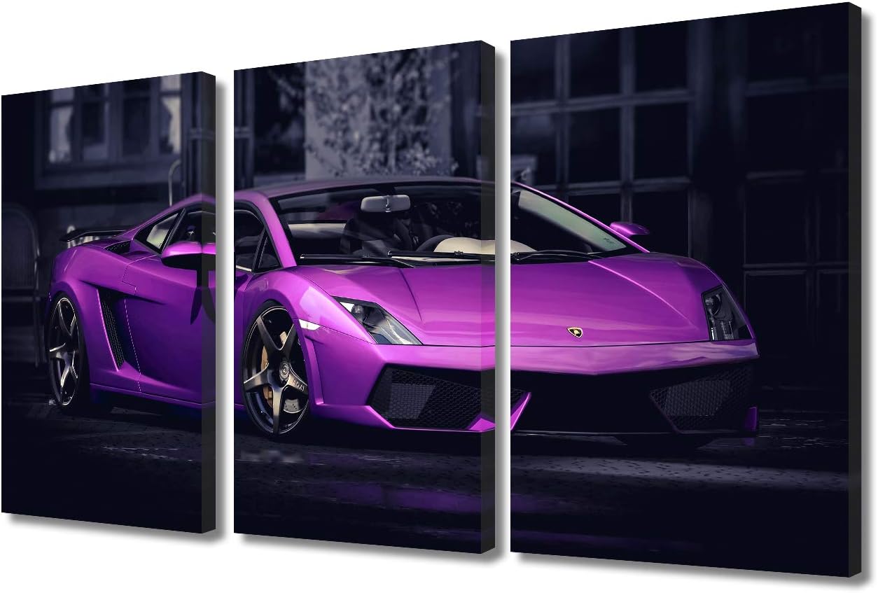 3 Panel Modern Framed Landscape Artwork Giclee Canvas Prints Pictures Paintings on Canvas Wall art for Living Room Bedroom Home Office Decorations,Purple Sports car Poster - 12 x 24 inch x 3 Pieces