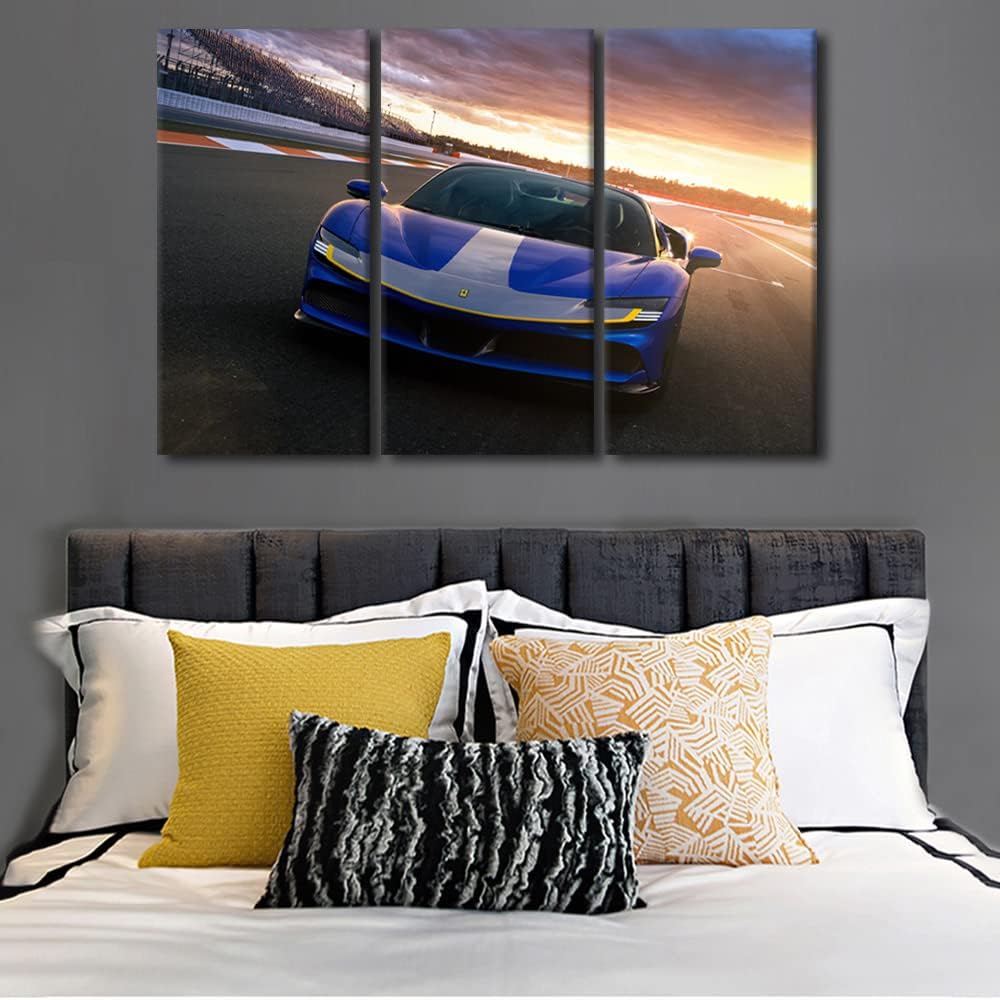 TUMOVO Wall Art for Living Room Blue Sports Car Bedroom Wall Decor Supercar on the Runway Wall Paintings for Office Speed Car Print On Canvas Modern Artwork Stretched Framed Ready to Hang, 42" Wx28 H