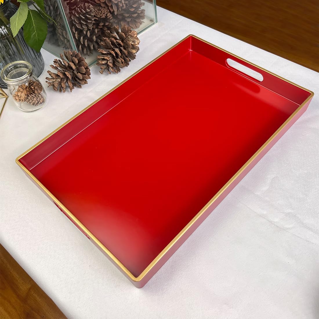 Red Decorative Tray, Rectangular Serving Tray with Handles, Plastic Coffee Table Tray for Ottoman, Living Room, Kitchen Tabletop, 15.6” x 10.2” x1.37”