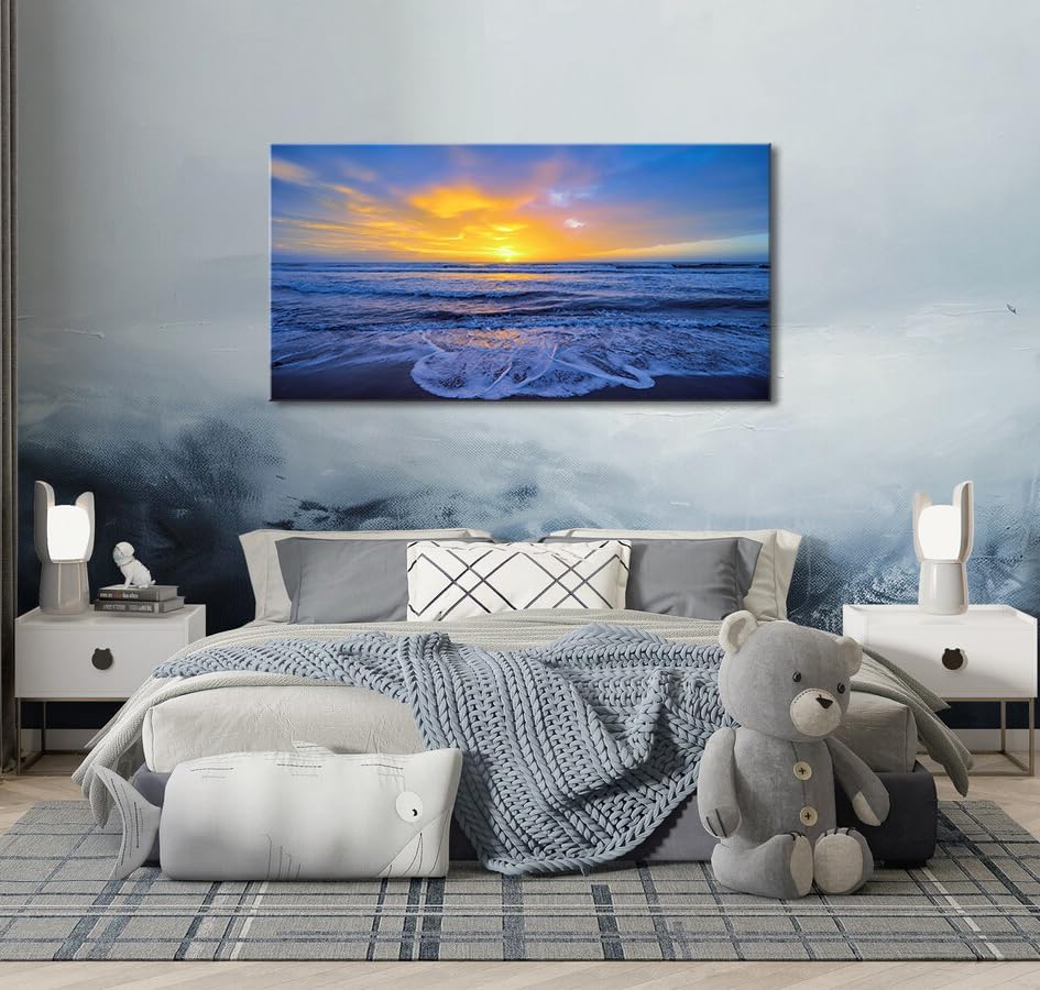 Wall Art Decor Large Sunset Canvas Print Picture Sunrise Ocean Beach Waves Scenery Modern Painting Artwork for Home Office Living Room Bedroom Decoration Framed Ready to Hang, 20x40Inch