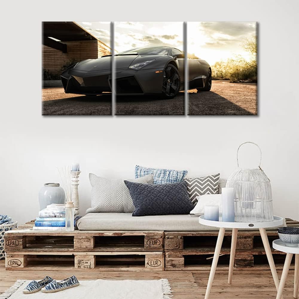 TUMOVO Wall Art for Living Room Gray Sports Car at Sunset Office Wall Decor Canvas Prints 3 Pieces Hypercar Supercar Modern Artwork for Men Boys Bedroom Bathroom Framed Ready to Hang, 36" Wx16 H