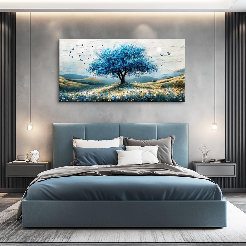 ZUITINGHUA Large Wall Decor For Living Room Canvas Wall Art For Office Modern Wall Decorations For Bedroom The Blue Tree Landscape Painting Farmhouse Pictures Artwork Room Home Decor 24x48 In