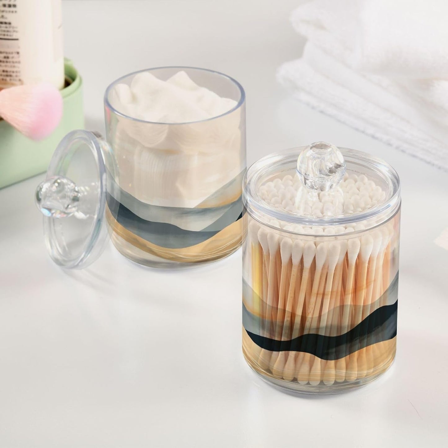 2 Pack Qtip Holder Organizer Dispenser Marble Mountain Bathroom Storage Canister Cotton Ball Holder Container for Cotton Pads/Swabs/Floss