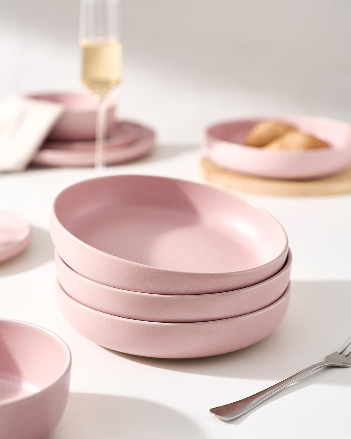 famiware Milkyway Pasta Bowls Set of 4, 8.5" Large Salad Bowls, Double Reactive Glaze, Sturdy & Stackable, Ideal for Housewarming, Festivals, Light Pink