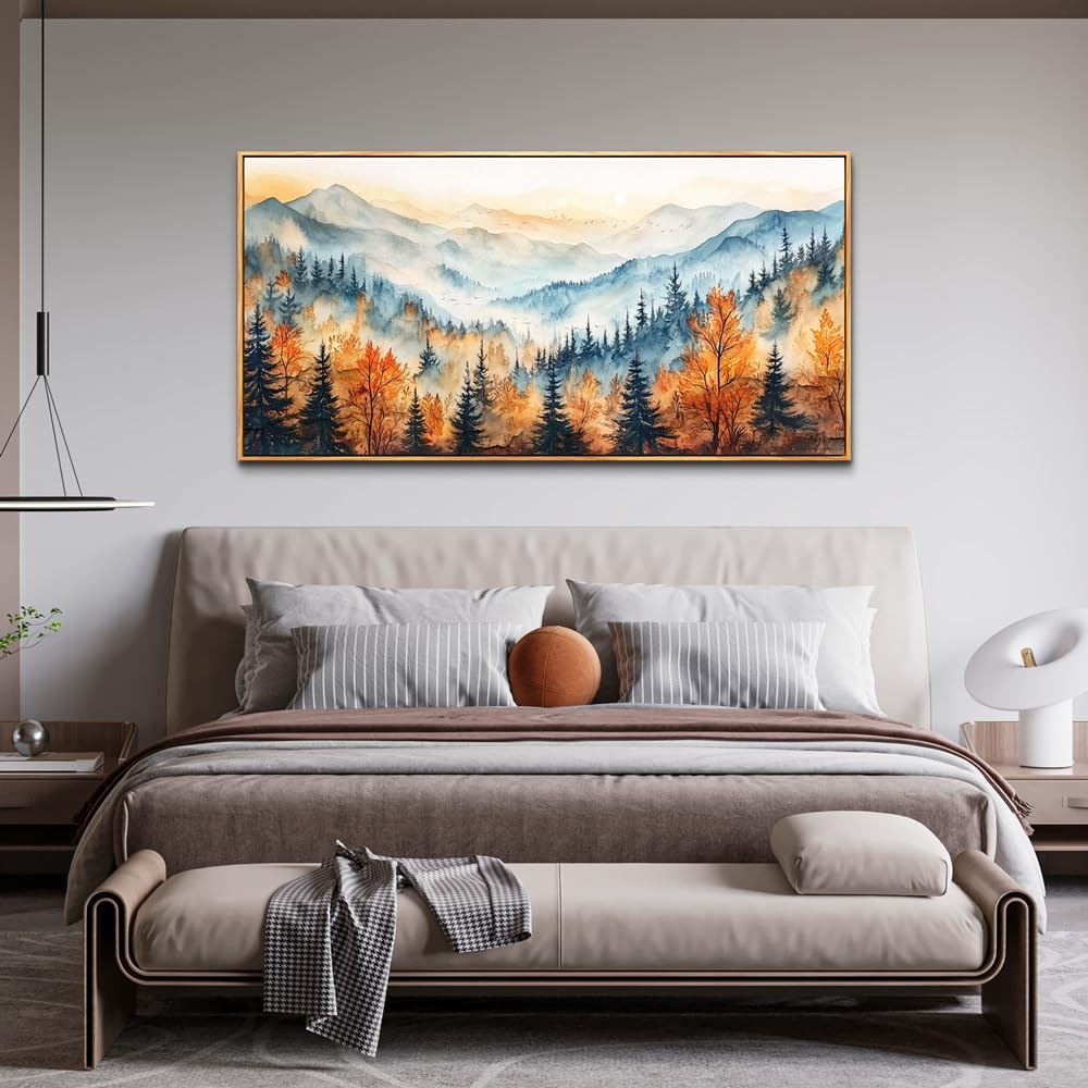 KELIYUAN Panoramic Wall Painting Canvas Wall Art For Living Room Large Wall Decor For Bedroom Abstract Mountain Forest Painting Pictures Office Decor Modern Room Home Decor Wood Framed 20"X40"