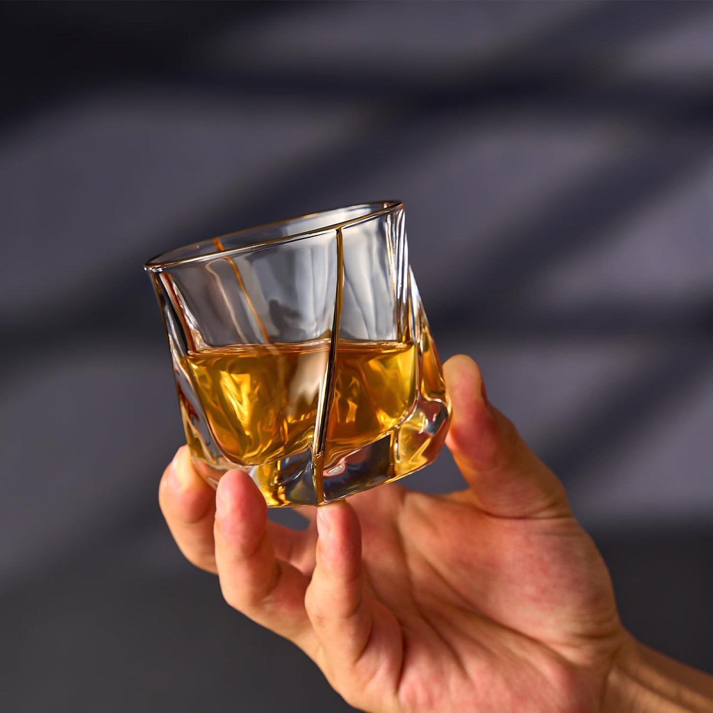 Crystal Whiskey Glasses Set of 2 with 24K Gold Rim,Bar Glasses,Twisted Whiskey Glass Gold Collection for Bourbon,Scotch and Wine,Rock Barware for Men Gift - 8oz
