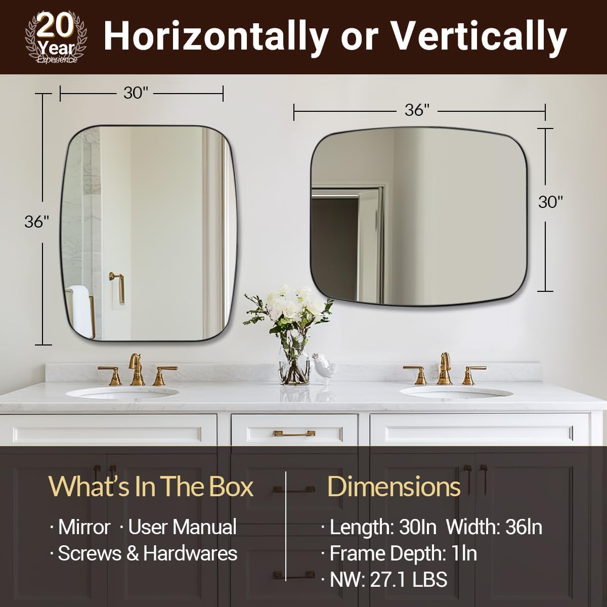 ANDY STAR 30x36” Black Bathroom Mirror, Oblong Vanity Mirror with Stainless Steel Metal Frame, Matte Black Oval Mirror for Over Sink, Modern Anti Rust Wall Mounted