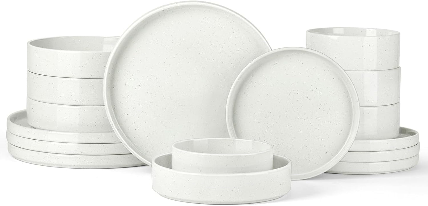 Stoneware Dinnerware Sets for 4 with Pasta Bowl, Onader 16 Piece Plates and Bowls Dish Set, Speckled Kitchen Dishware Dining Ware, Microwave & Dishwasher Safe - Cloud White