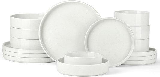 Stoneware Dinnerware Sets for 4 with Pasta Bowl, Onader 16 Piece Plates and Bowls Dish Set, Speckled Kitchen Dishware Dining Ware, Microwave & Dishwasher Safe - Cloud White