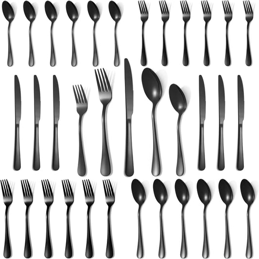 Lazycorner 30 Pcs Black Silverware Set for 6, Mirror Polished Flatware Set Stainless Steel Fork Knife Spoon, Food Grade Eating Utensils Sets, Reusable Silverwear Cutlery Set, Dishwasher Safe