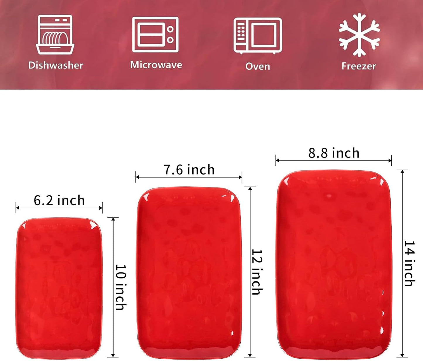 Vicrays Ceramic Rectangle Serving Platters - 14" 12" 10" Porcelain Serving Trays Plates for Party BBQ Appetizers Sushi Dessert - Microwave Oven and Dishwasher Safe - Set of 3 Red