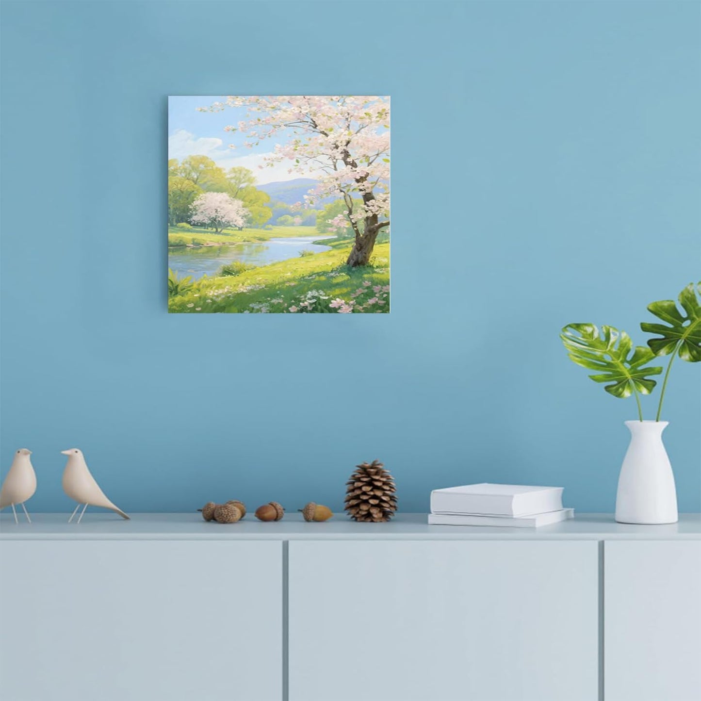 The scenery of a stream between trees and cherry blossoms under the blue sky is suitable for posting in the living room bedroom office landscape posters